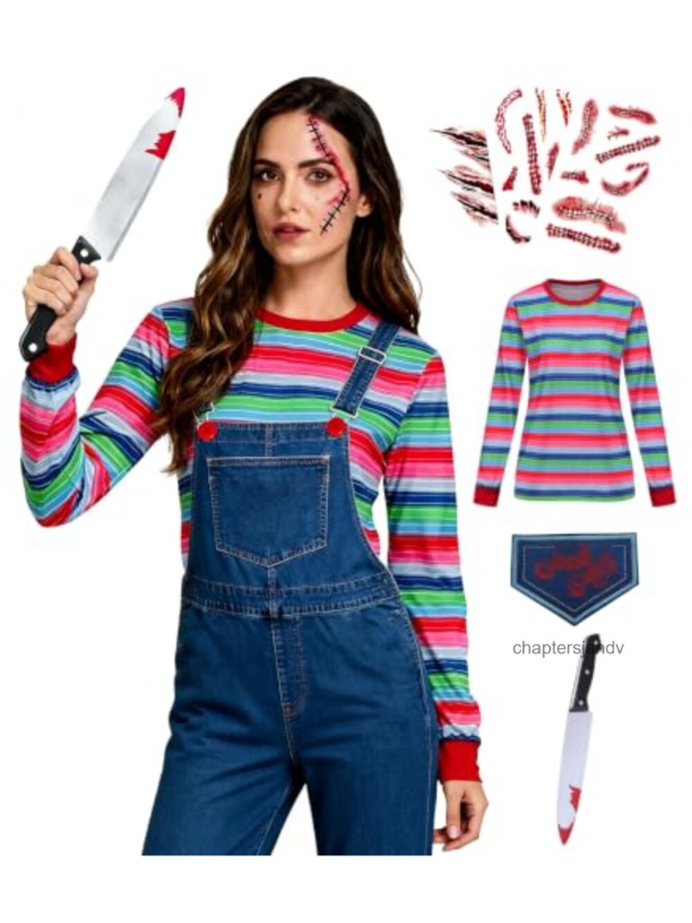 Halloween Costume Long Sleeve Striped Shirt with Embroidered Patch for Women